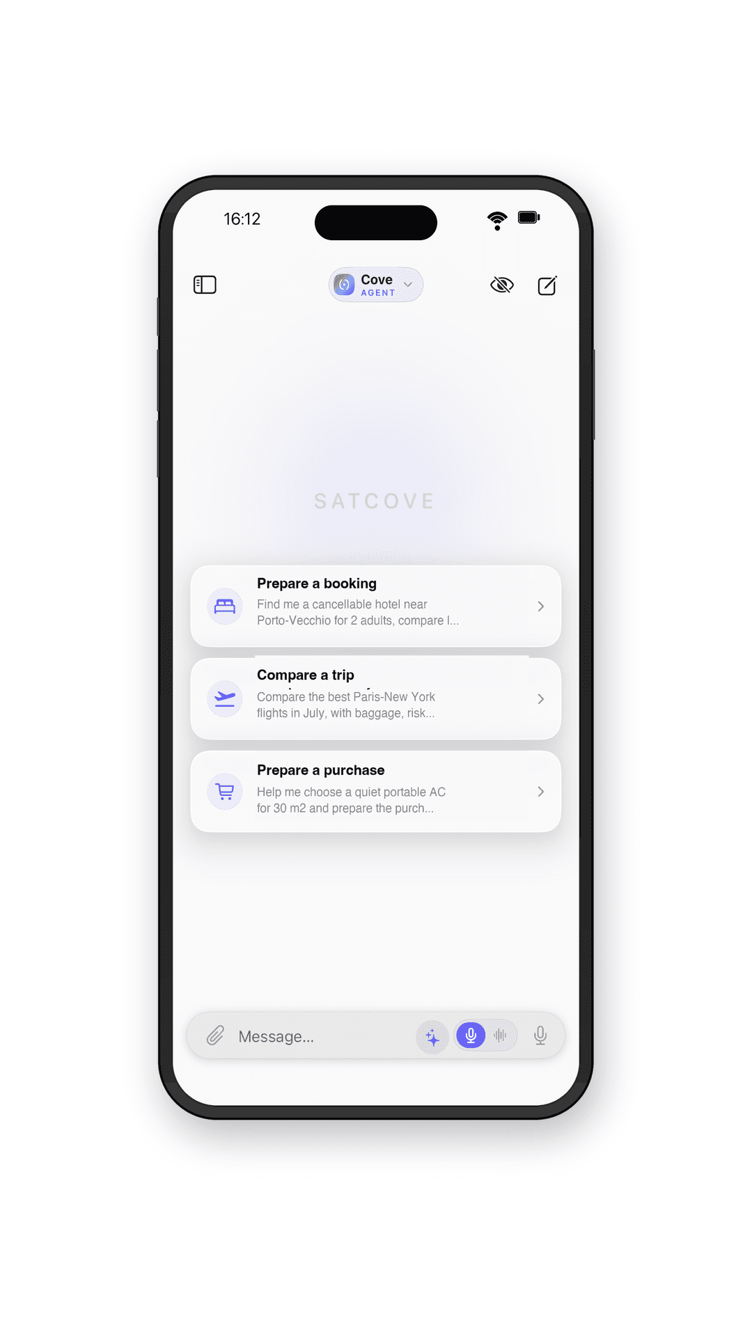 Cove Agent on iPhone showing prepared travel and purchase missions