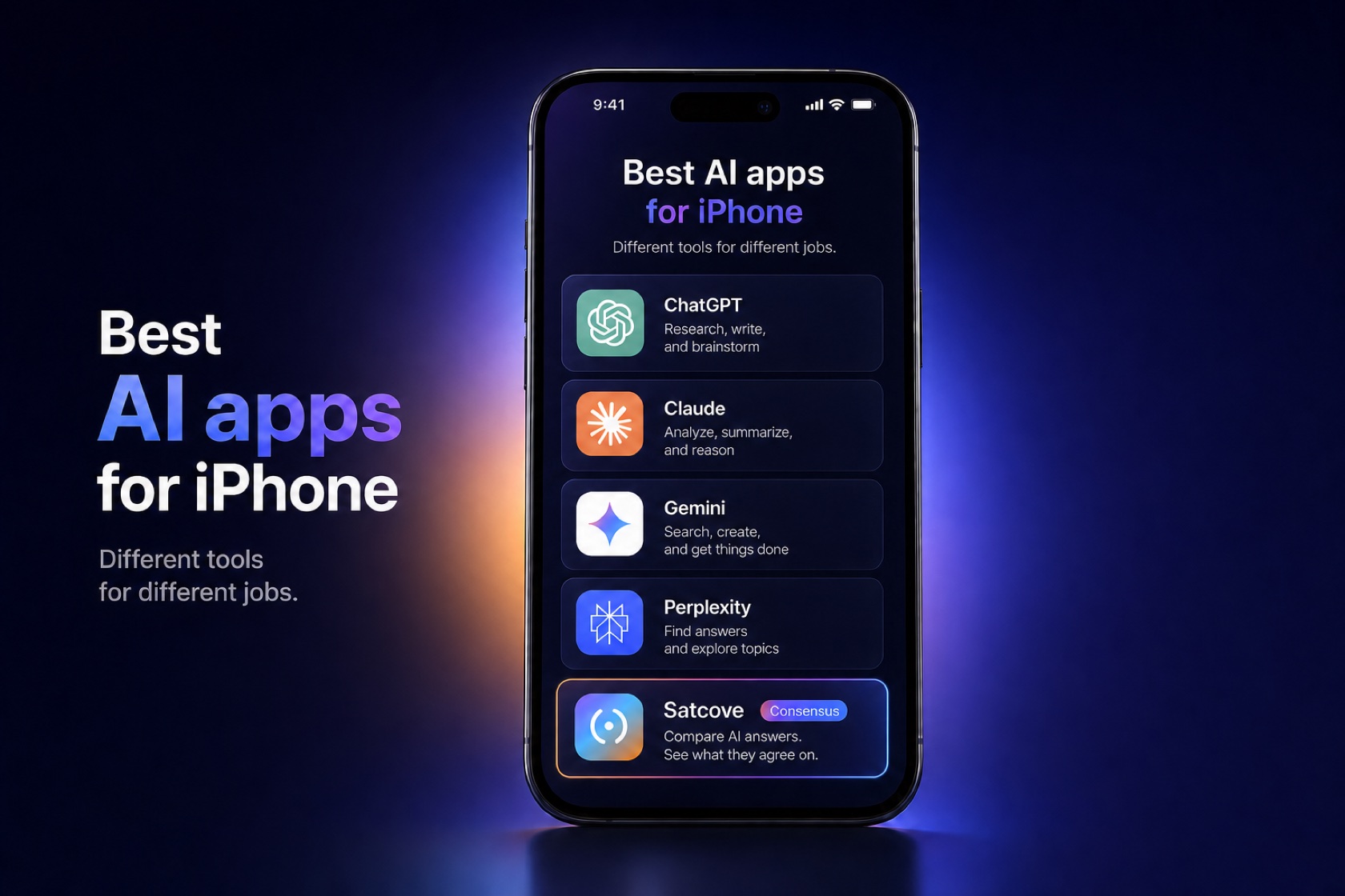 Best AI apps for iPhone — different tools for different jobs: ChatGPT, Claude, Gemini, Perplexity and Grok each excel at one thing, while Satcove gives you the full power of 6 AIs at once