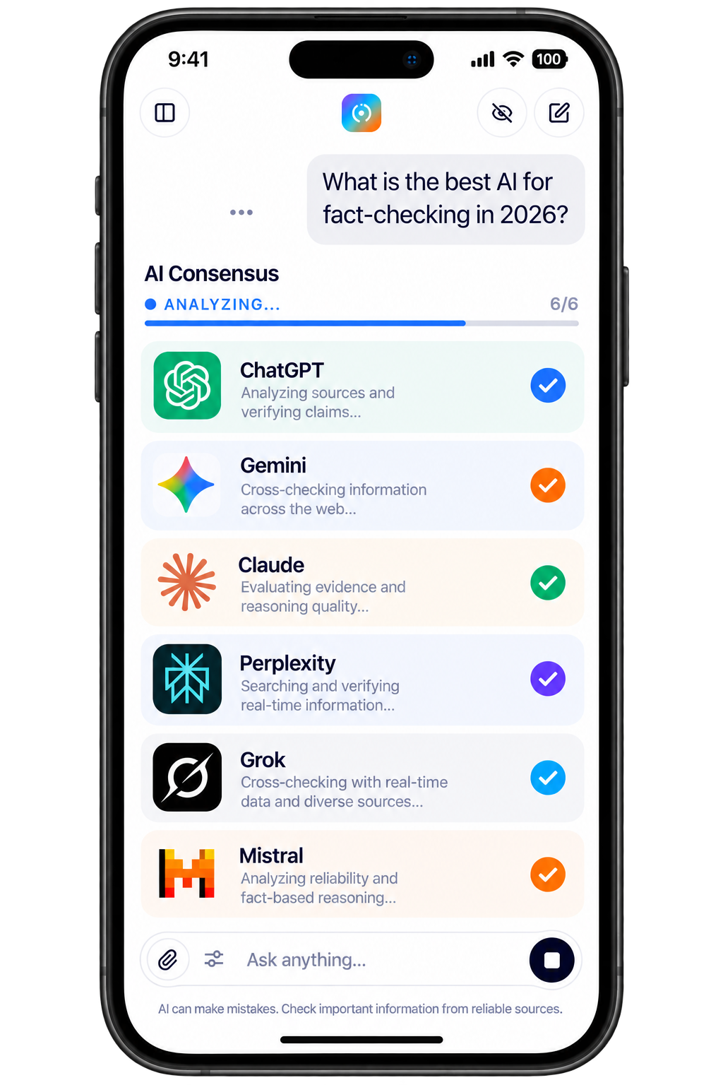 Satcove asks six AI models which tool is best for fact-checking in 2026, cross-checking sources and claims before producing a consensus answer